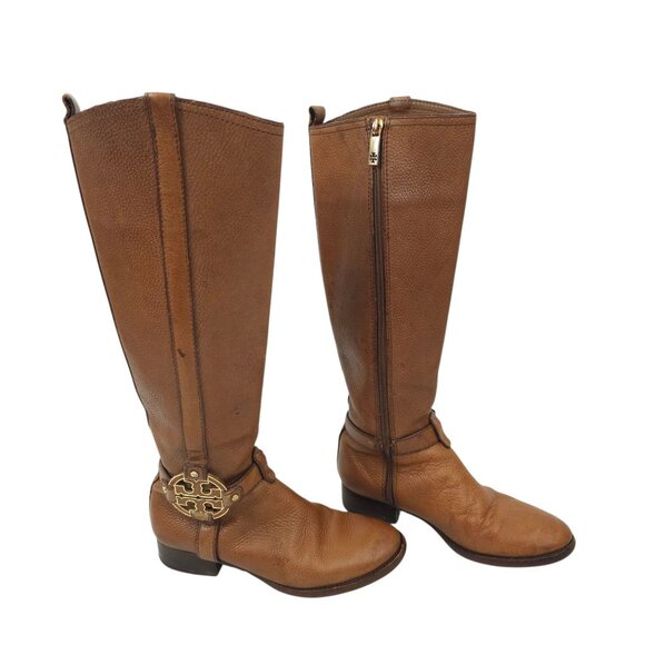 Tory Burch Amanda Tall Riding Boots READ Brown Leather Size 6.5 Side Zip Logo - Picture 2 of 15